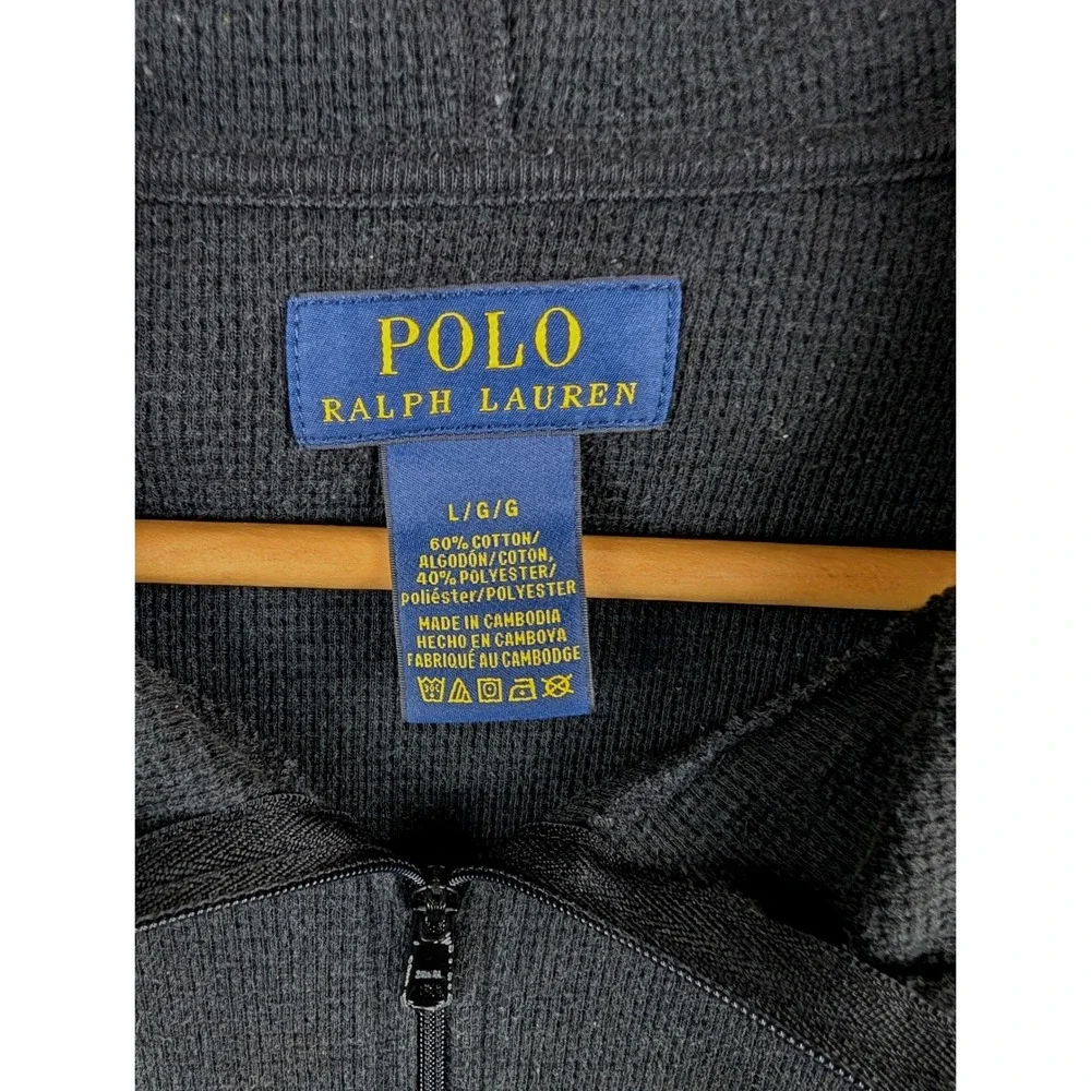 Polo Ralph Lauren Mens Waffle Knit Quarter Zip Hoodie Black Red Pony Size L